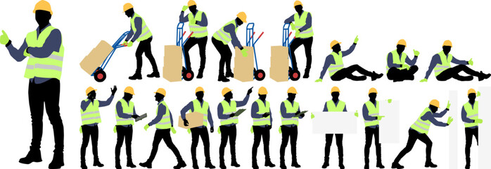 Silhouettes set of worker wearing helmet and vest. Vector flat style illustration isolated on white. Full-length view	