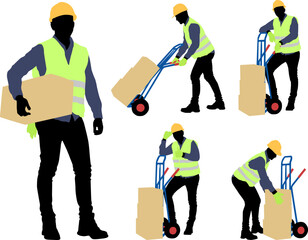 Silhouettes set of worker wearing helmet and vest. Vector flat style illustration isolated on white. Full-length view	