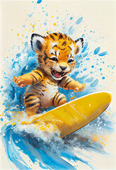 Baby Tiger Loving Surfing in Hawaii. generative ai