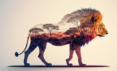 Lion and the African savanna, double exposure photography. Generative AI