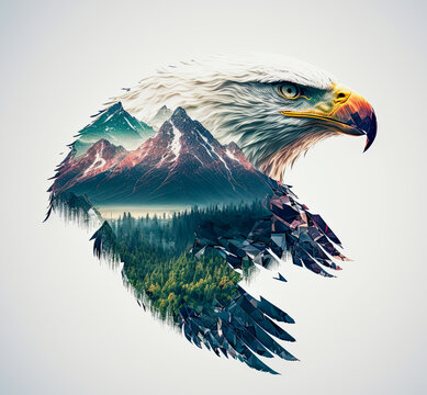 Bald eagle and the Pacific Northwest, double exposure photography. Generative AI
