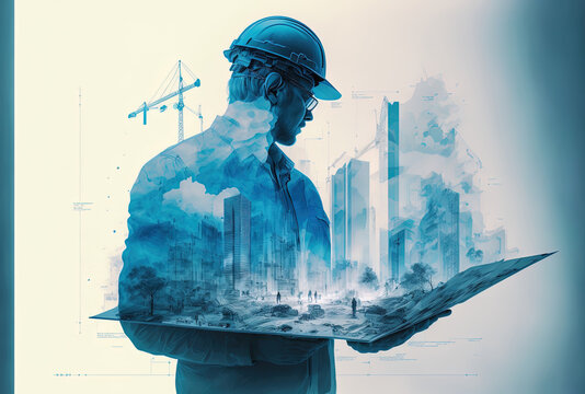 Construction engineer holding plan in double exposure above blue city and construction site. Generative AI