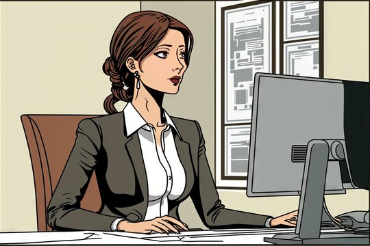 Cartoon Illustration of a Pretty Businesswoman Working At Her Computer, Comic Book Style