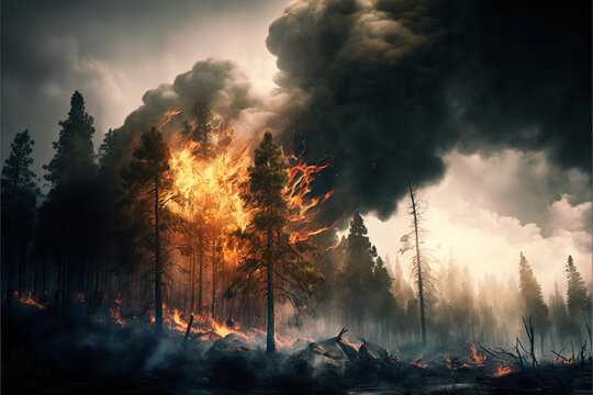 A fire in a beautiful forest full of trees. Generative AI