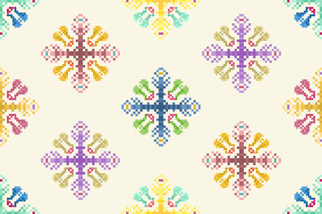 Ikat ethnic pixel art textile seamless pattern design. Aztec fabric carpet boho mandalas textile decor wallpaper. Tribal native motif ornaments African American folk traditional embroidery vector 