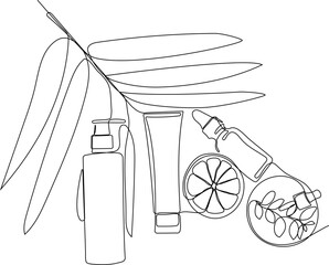 Continuous drawing of one line of bottles with oil or honey or lemon or lime juice for scrubbing and body skin care with natural herbal skin care products, top view of ingredients. Vector illustration