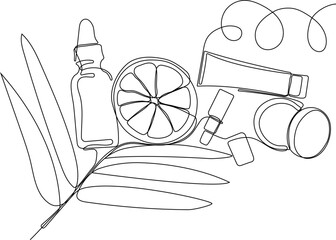 Continuous drawing of one line of bottles with oil or honey or lemon or lime juice for scrubbing and body skin care with natural herbal skin care products, top view of ingredients. Vector illustration