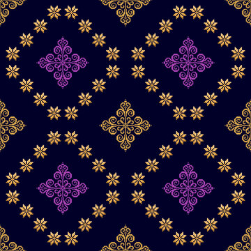 Ikat ethnic pixel art textile seamless pattern design. Aztec fabric carpet boho mandalas textile decor wallpaper. Tribal native motif ornaments African American folk traditional embroidery vector 