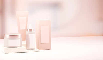 Skin care kit products on a defocused bathroom background. Beauty and fashion. 3d illustration.