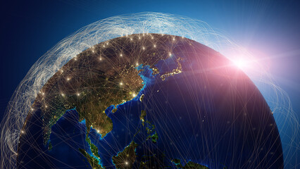 Globalization and communication concept. Earth and luminous rays. 3d rendering