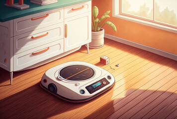 In a modern kitchen, a white robotic vacuum cleaner is cleaning the wooden floor. Generative AI