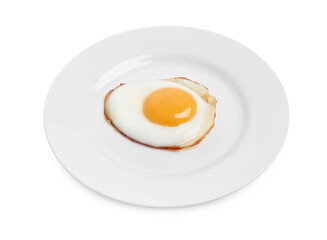 Plate with delicious fried egg isolated on white