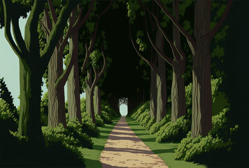 Fototapeta premium Vertical image shows a walkway through a grove of trees with green leaves. Generative AI