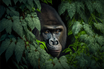 Gorilla in the dense jungle. Created with Generative AI Technology - obrazy, fototapety, plakaty