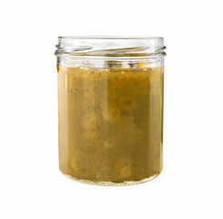 Jar of delicious gooseberry jam isolated on white