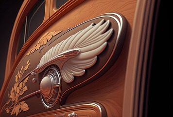 An up close picture of a refurbished vintage automobile door. elegantly modified antique vehicle. Generative AI