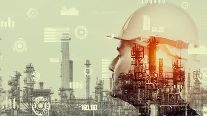 Future factory plant and inventive energy industry concept in creative graphic design. Oil, gas and...