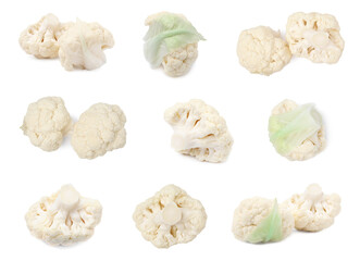 Set with cut fresh cauliflowers on white background