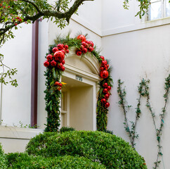 Christmas Decorations Frame the Entrance to a Home in New Orleans, Louisiana, USA