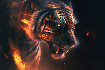 Epic cinematic portrait of a tiger filled with equal parts mysterious smoke and ethereal fire