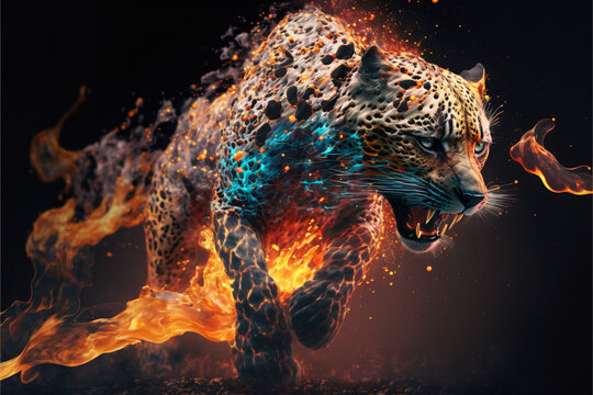 Epic cinematic portrait of a leopard filled with equal parts mysterious smoke and ethereal fire