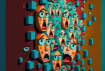 Multiple faces in a wall in an abstract representation of artificial intelligence and swarm intelligence. Generative AI