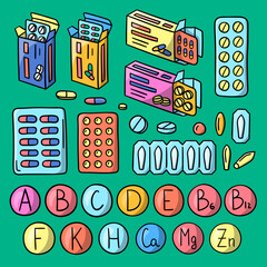 Pharmacy healthcare medicines objects set. Hand drawn doodles remedy pills, vitamins, capsules in boxes and packaging vector illustration. Dietary supplements, dragee drops, rectal suppositories