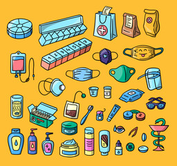 Pharmacy healthcare medicines objects set. Pill containers, disease protection face masks, paper bags icons. Herbal teabag, glasses, toothbrush and floss objects. Drugstore product shampoo bottle