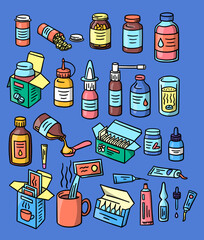 Vector pharmacy healthcare medicines objects set. Hand drawn mixtures, cough syrup, nasal spray and cream ointment tube doodles. Glass with pill, tea box, medicine dripping in spoon, ampoules icons