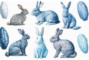 Fototapeta premium Easter blue rabbits watercolor art set. Children's cartoon drawings of adorable hares. Easter, customs, and religion. alone against a white backdrop. manually created. Generative AI