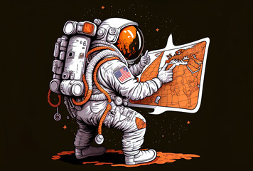 Image of an astronaut pointing at a map. Generative AI