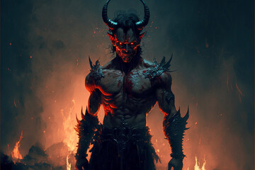 Scary demon with horns in hell. Generative AI