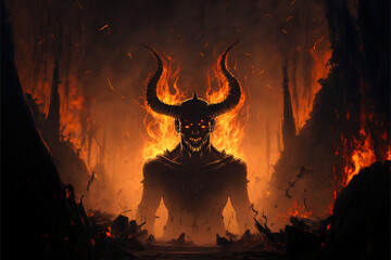 Big demon with horns in hell. Generative AI