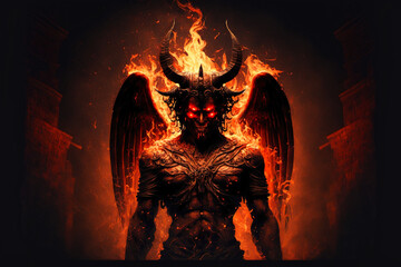 Big demon with horns and wings in hell. Generative AI