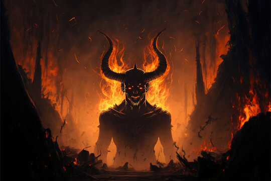 Fiery Demon. A Burning Demon With Horns And An Apple Of Discord
