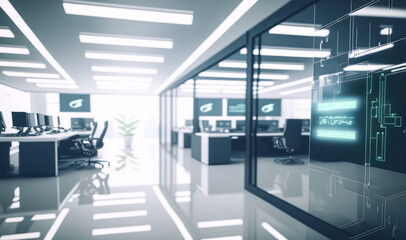 Obraz premium Modern furnished blurred office interior background with digital hologram, technological schemes. Science and technology concept. Used for business presentations, banners.