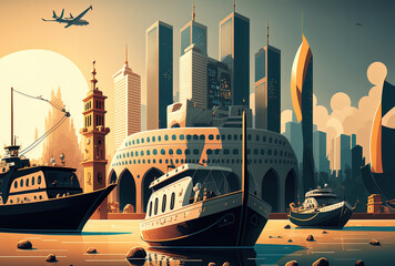 Stunning image of city structures and several boats on the water. Generative AI