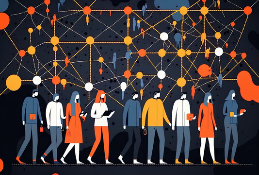 Individuals standing next to network graphic. Generative AI