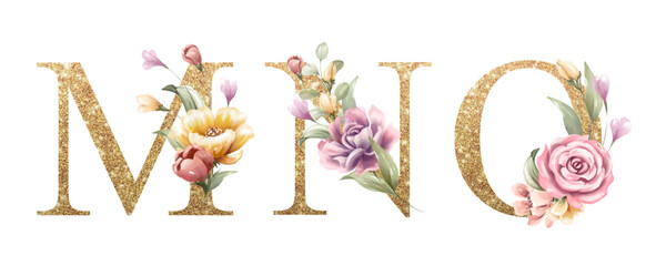 Golden alphabet set of M, N, O, with flowers and leaves watercolor for logo, wedding invitation, card, branding, initial, other concept ideas. 