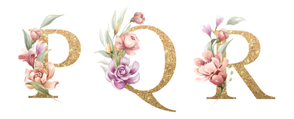 Golden alphabet set of P, Q, R, with flowers and leaves watercolor for logo, wedding invitation, card, branding, initial, other concept ideas.  © Yorda