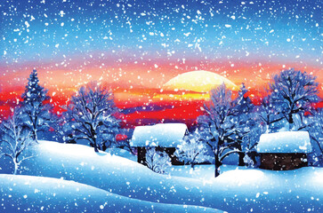 Snow blizzard landscape Generative AI paint effect illustration created from the text prompt: Snowy landscape scene with snow covered trees and a sunset sky in clipart sytle