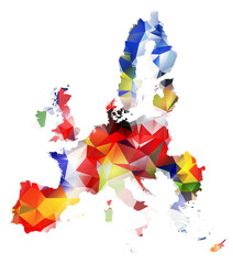 GEOMETRIC TRIANGLE DESIGN MAP OF THE EUROPEAN UNION. THE MAP PAINTED INTO COUNTRIES FLAGS COLORS.