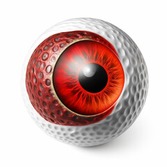 Isolated illustration of a golf ball on white background with an eye looking out of it. Generative AI