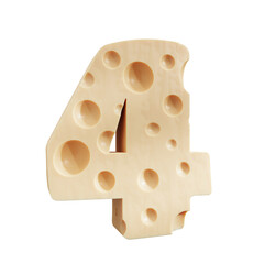 Cheese in the shape of a number 4, Four cheese number on transparent background