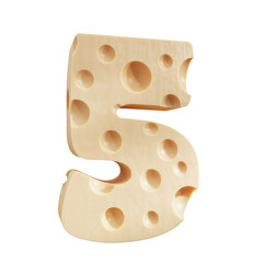 Cheese in the shape of a number 5, Five cheese number on transparent background