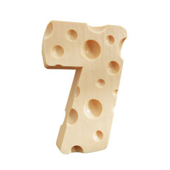 Cheese in the shape of a number 7, Seven cheese number on transparent background