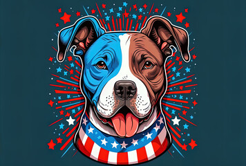Fourth of July American Staffordshire dog day. isolated on a blue backdrop. Generative AI