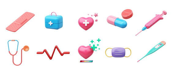 Medical equipment model set is medicine box, Face mask, adhesive plaster, pills, syringe, stethoscope and thermometer cute cartoon style kids pastel glossy. Object with clipping path. 3D Illustration.