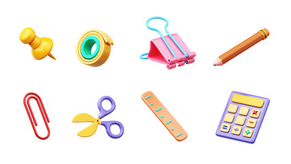 Model set of office equipment is pin, scissors, calculators, paperclip, pencil, ruler, scotch tape and binder clip. style cute cartoon kid on white background. Object clipping path. 3D Illustration.