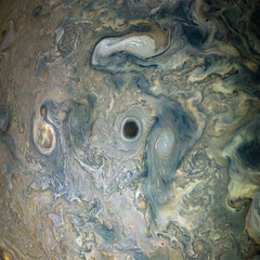 Jovian jet stream shows a dark center on Jupiter's planet in outer space. Digitally enhanced. Elements of this image furnished by NASA.